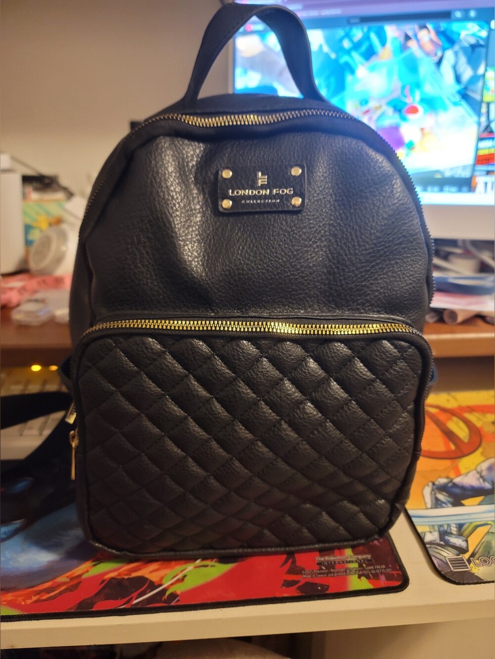 London Fog Backpack Black Quilted Diamond Pattern Gold Hardware
